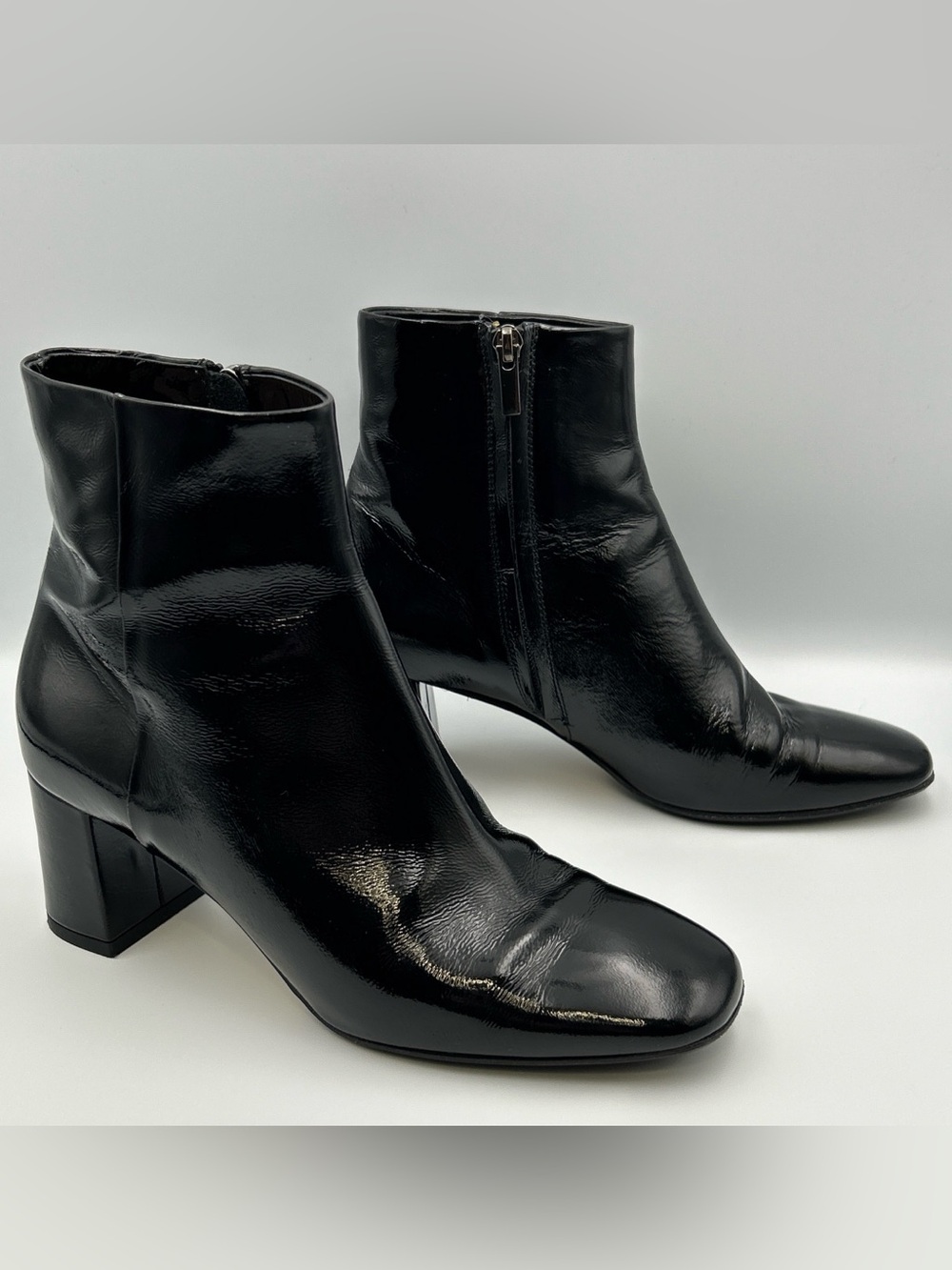 HOBBS LONDON Ankle Bootie Size 7 Black Patent Leather Block Heel Dress Work